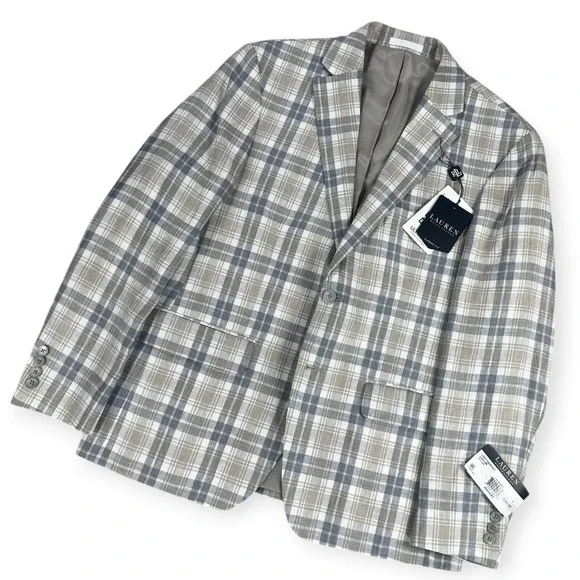Lauren Ralph Lauren Lassiter 100% Linen Plaid Sport Coat Blazer 40S Cream Grey - Picture 2 of 16